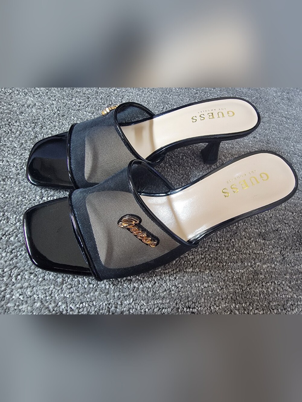 ​GUESS Dolley Mesh Black Kitten Heel Mule Sandals Gold Logo Size 6M